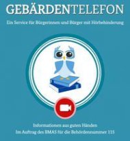 Gebärdentelefon Blaues Viereck mit mittiger, runder Aussparung. Darin liegen 2 Bücher auf denen eine Eule sitzt.